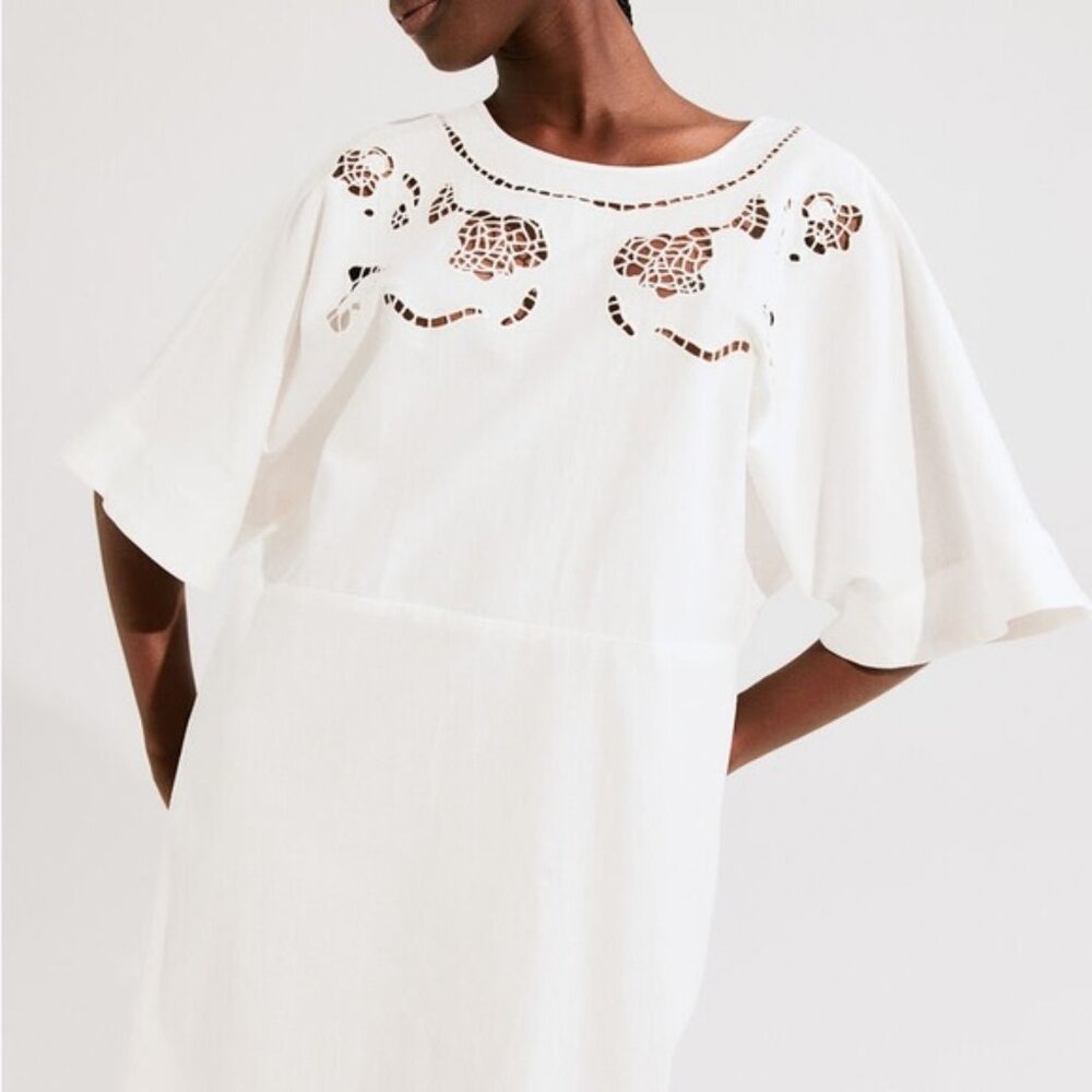 H&M| Gorgeous White Linen-Blend Broderie Anglaise Summer Mini Dress Sz S